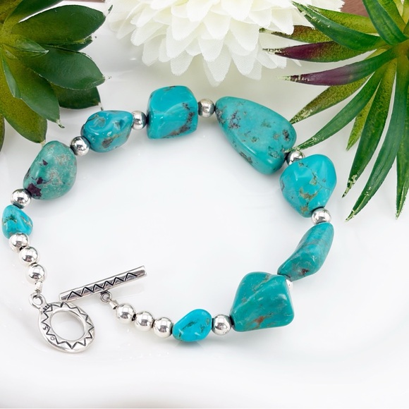 Vintage Sterling Silver 925 Turquoise Nugget Bracelet Boho Southwest Style - Picture 3 of 11